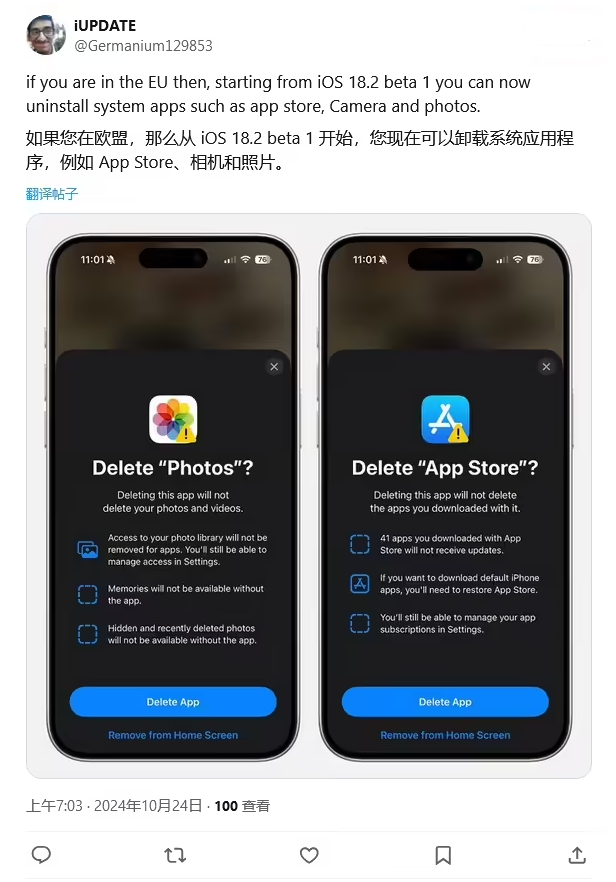 新洲苹果手机维修分享iOS 18.2 支持删除 App Store 应用商店 